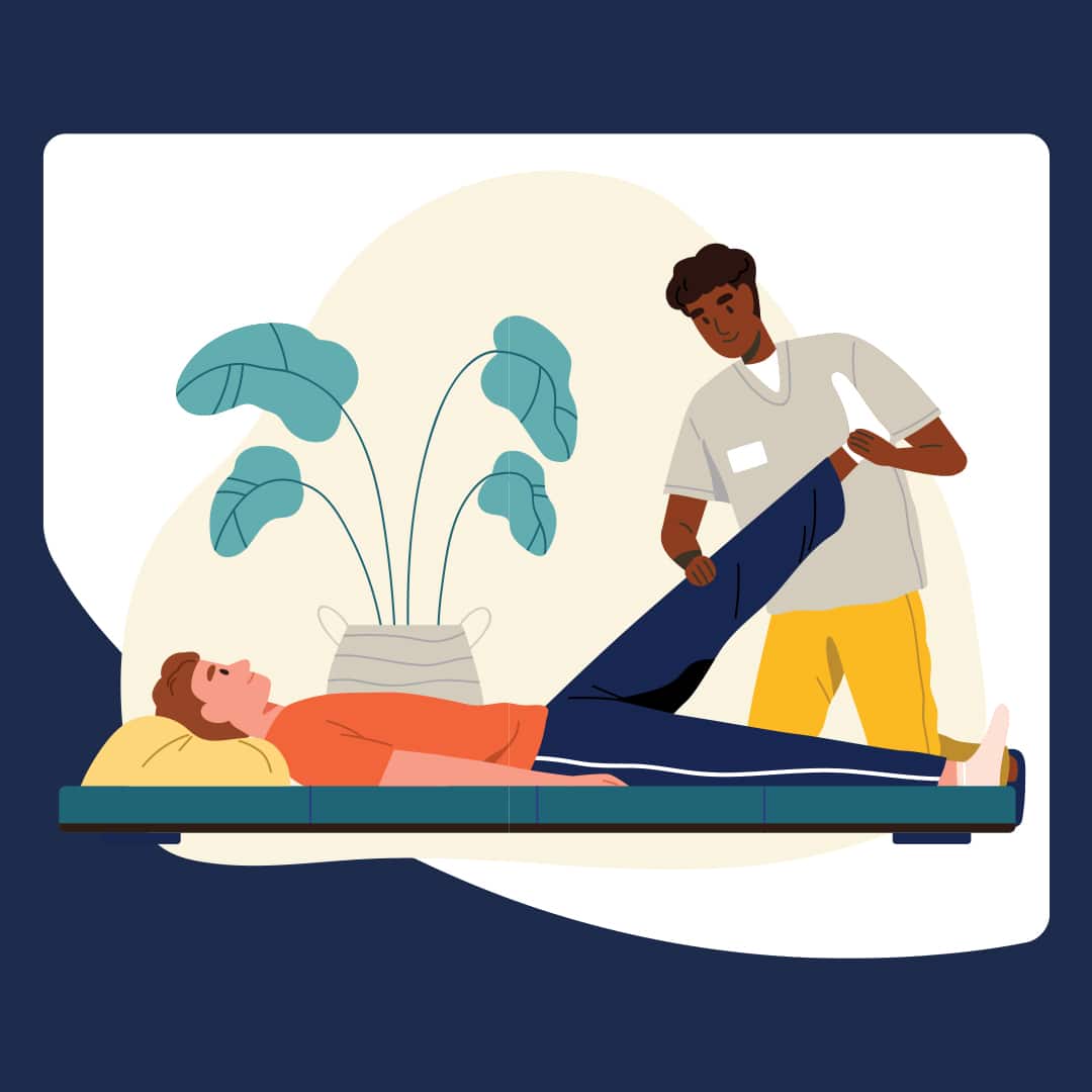 Flat-style illustration of a person receiving physical therapy on a mat, with a practitioner gently stretching their leg in a calm indoor setting.