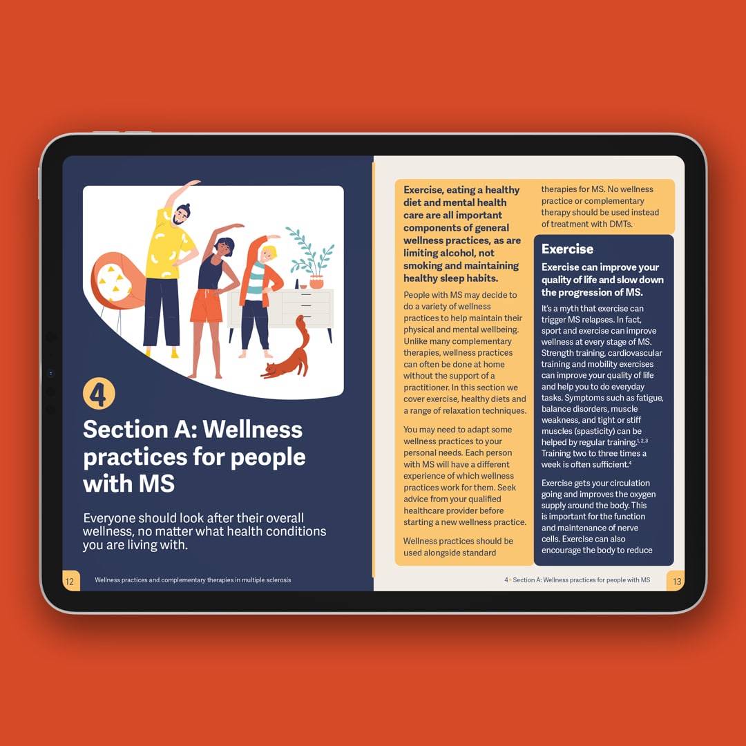 Tablet screen displaying MSIF’s wellness guide, with a section on wellness practices for people with MS, featuring an illustration of three people and a dog doing stretches at home.