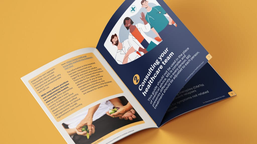 MSIF guide open to a section about consulting healthcare professionals, featuring an illustration of three clinicians and a photo of hands holding herbs in a natural setting.