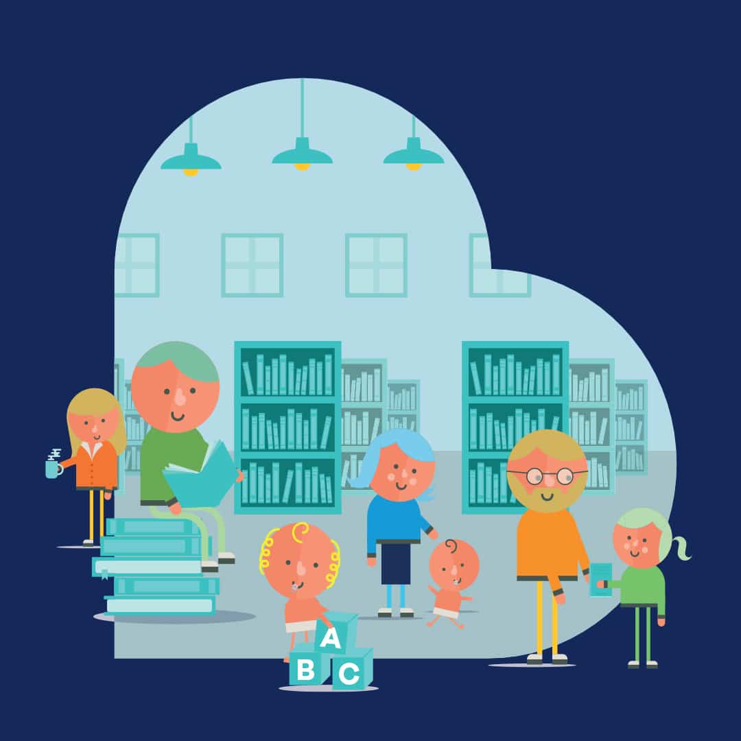 A friendly, illustrated library scene shaped like a heart, with diverse characters of all ages reading books, holding drinks, or playing with alphabet blocks.
