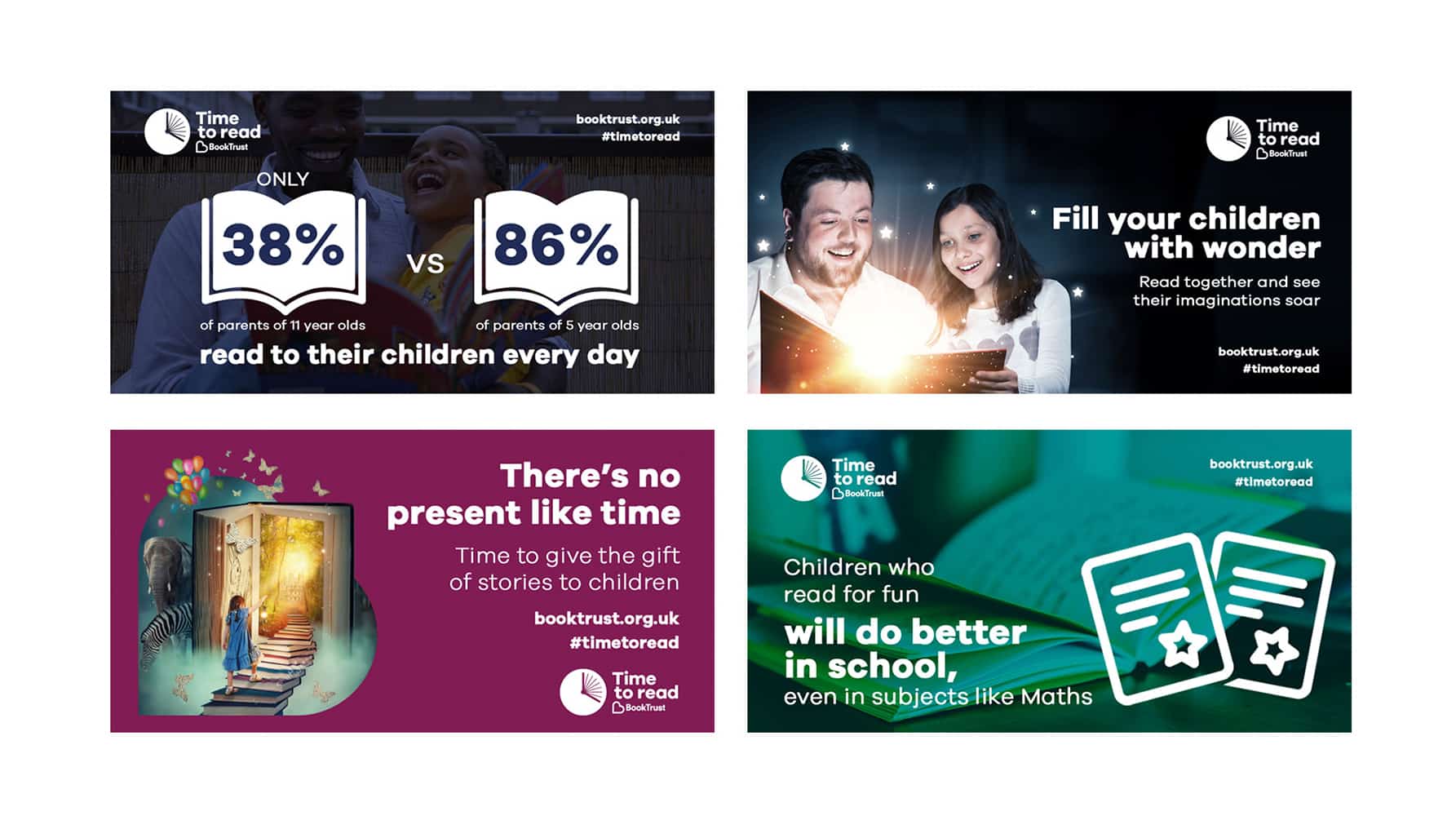 BookTrust 'Time to Read' campaign graphics promoting the benefits of reading with children, featuring stats, quotes, and illustrations encouraging shared reading."