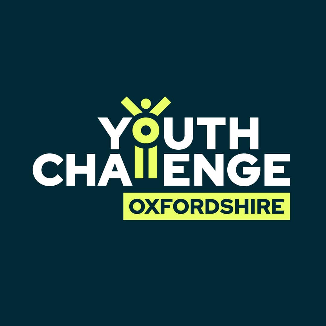 Logo for Youth Challenge Oxfordshire using bold, uppercase lettering and a stylised human figure formed from letterforms.