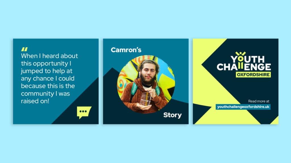 A three-part social media graphic featuring a testimonial, a portrait of Camron, and a branded call to action.
