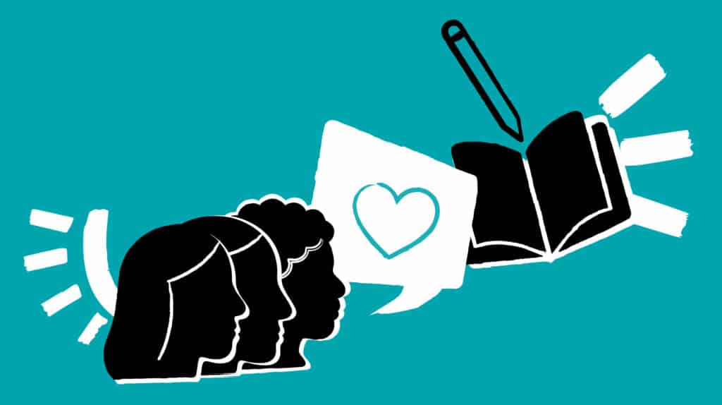 Illustration of diverse silhouettes, speech bubble with heart, and open book symbolising empathy, active listening, and knowledge-sharing in sensitive consultation