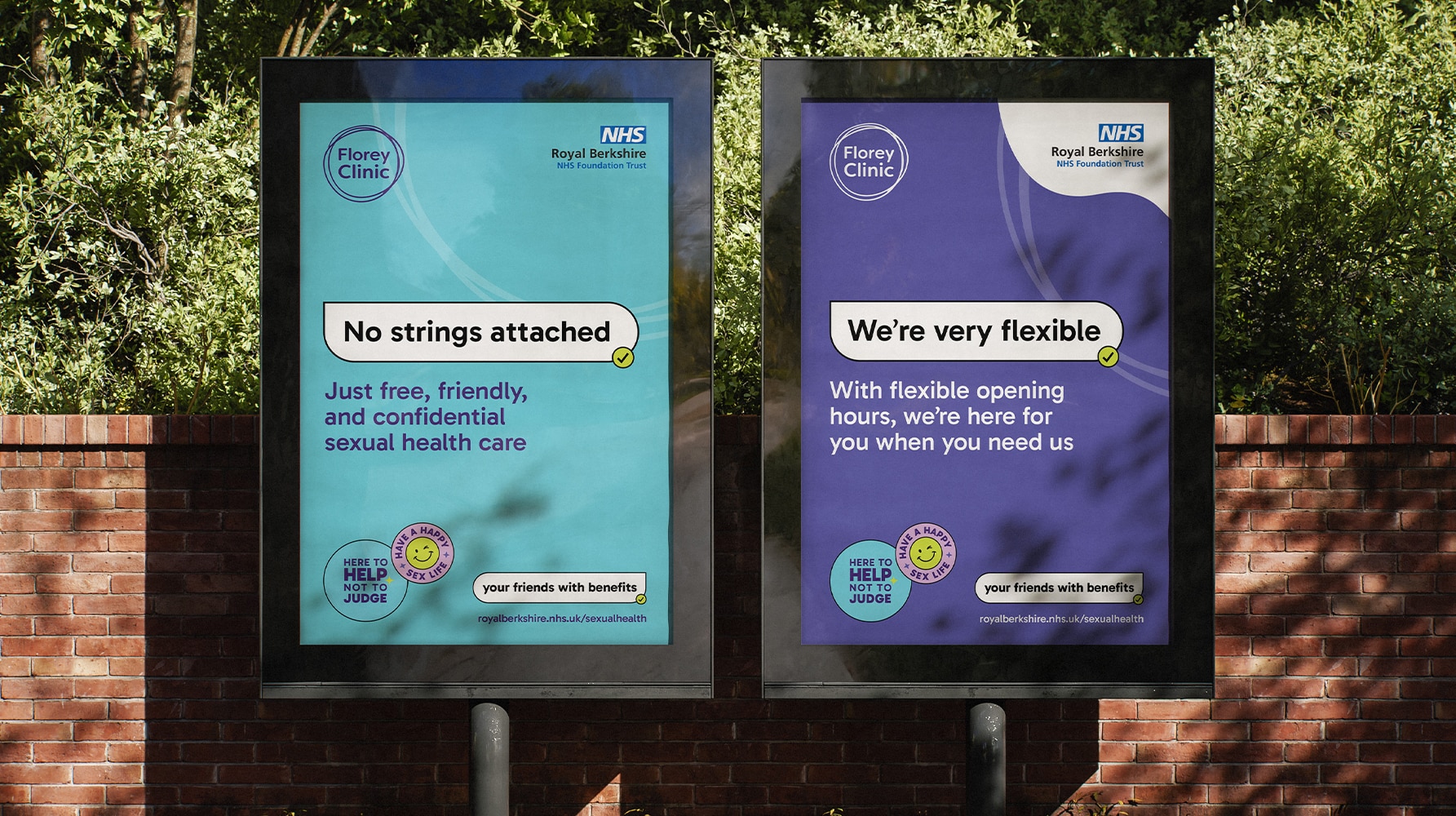 Two street-level posters side by side. Left says 'No strings attached' and the right says 'We’re very flexible', each paired with upbeat language and the Florey Clinic and NHS Royal Berkshire logos.