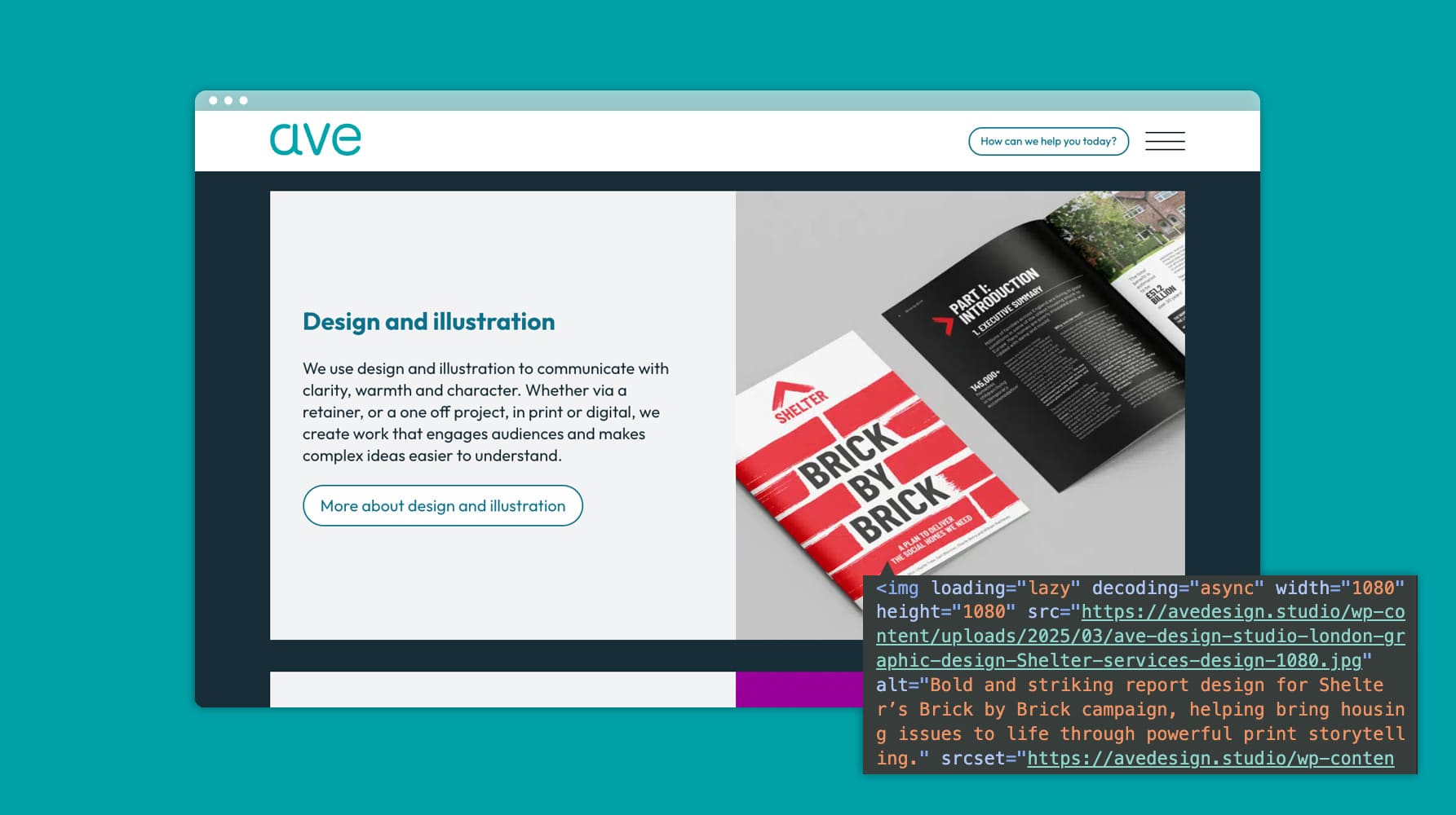 Website mockup showing Ave Design’s ‘Design and illustration’ service page. The page features a bold red and white report for Shelter titled Brick by Brick, alongside an open spread of the publication. The design highlights Ave’s approach to clear, characterful communication