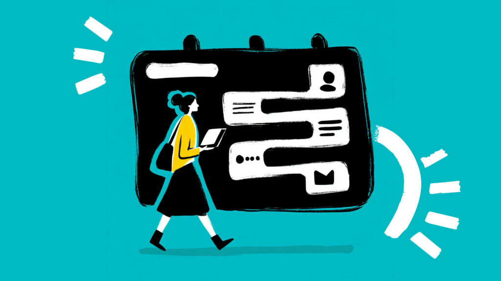A stylised illustration of a woman walking with a laptop in front of an oversized mobile-style screen showing profile icons, text bubbles and message blocks on a bright turquoise background, used to represent accessible digital content and communication
