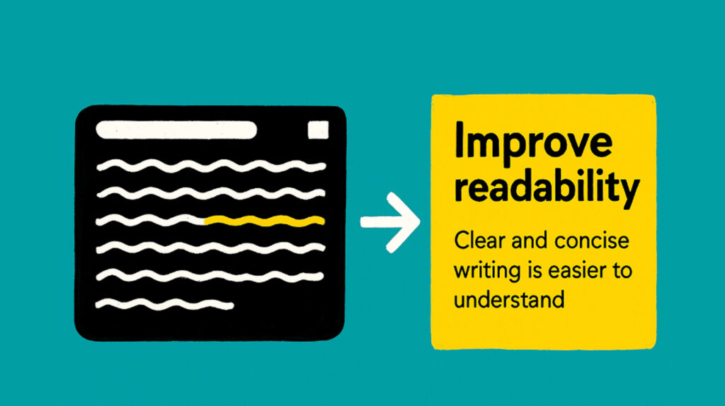 An illustration showing a black text box filled with wavy white lines and one yellow line, followed by a white arrow pointing to a yellow panel with the words “Improve readability – Clear and concise writing is easier to understand” on a teal background